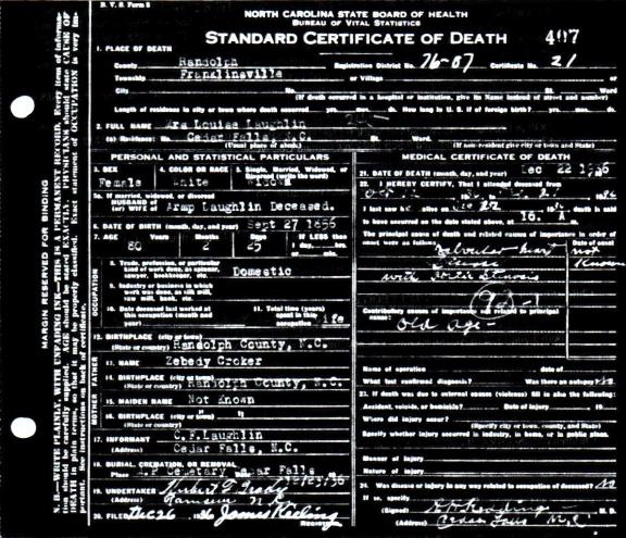 Louise Croker Laughlin Death Certificate